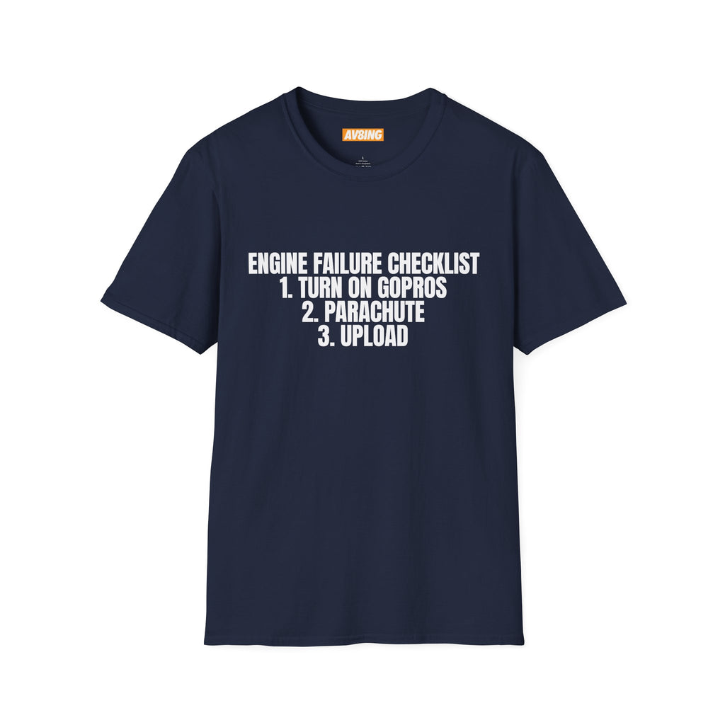 Navy blue t-shirt with white text on a white background