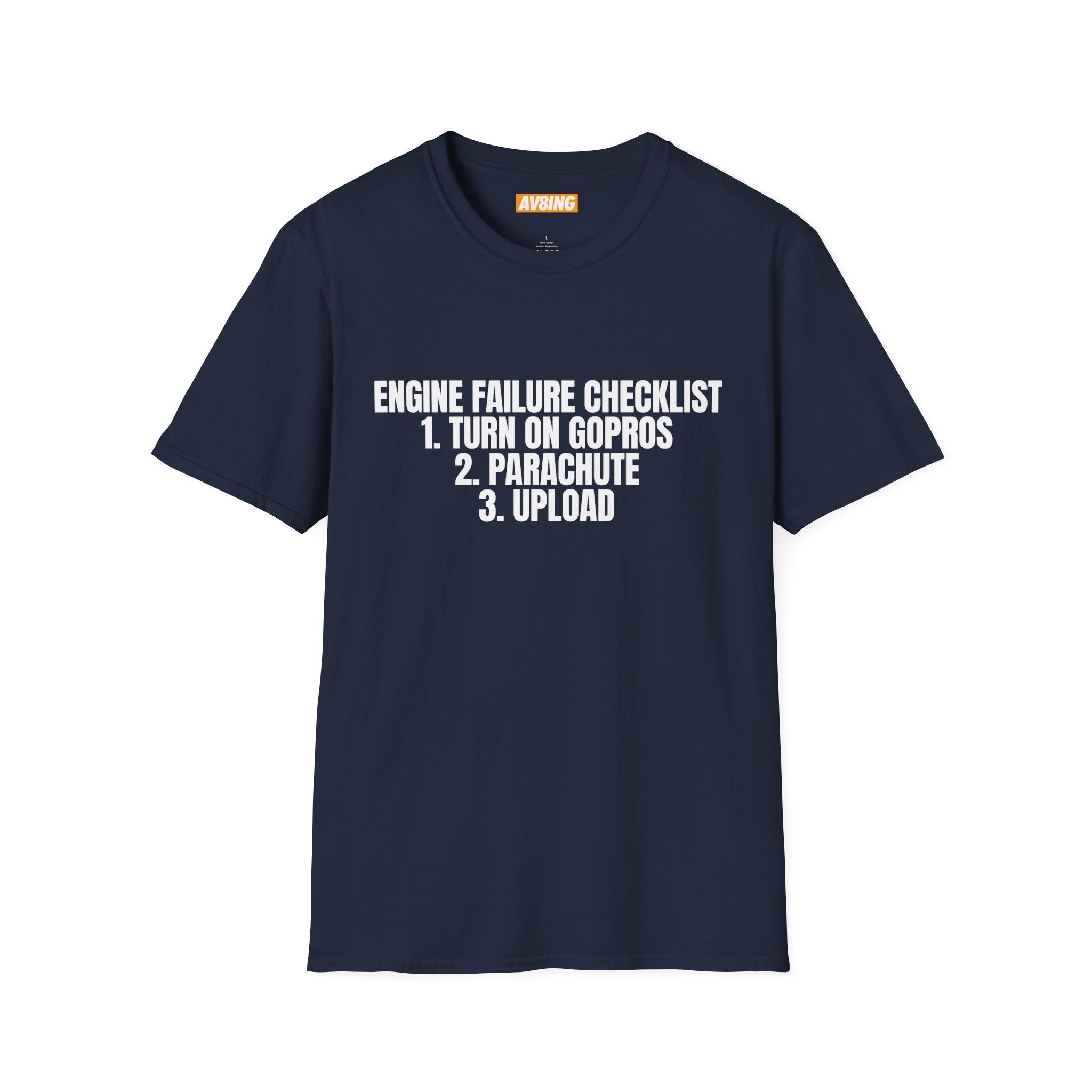 Navy blue t-shirt with white text on a white background