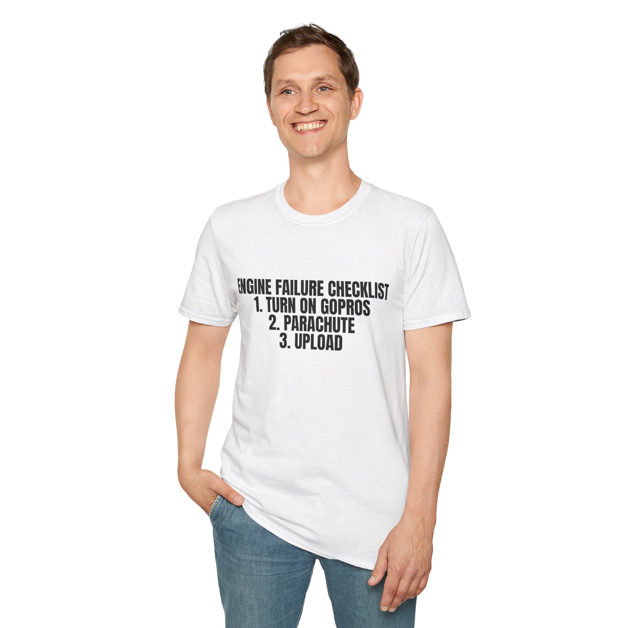 Person wearing a white t-shirt with text on a white background
